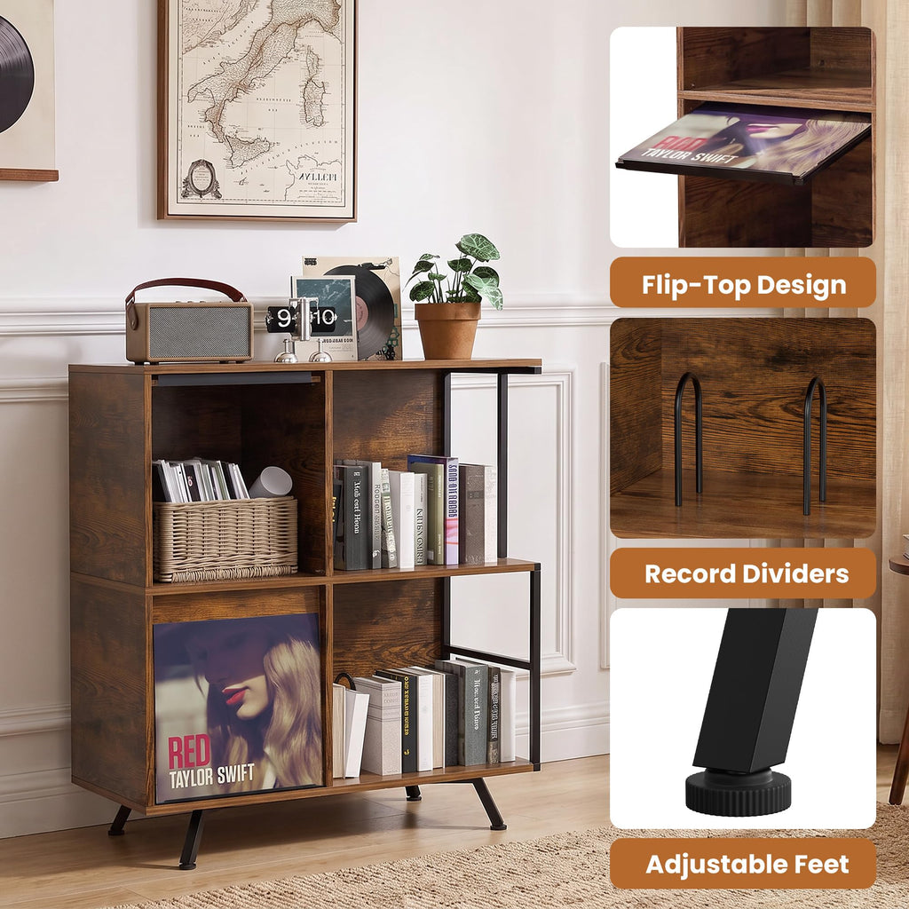 Flip Top Record Player Stand with Vinyl Storage Up to 300+ Albums