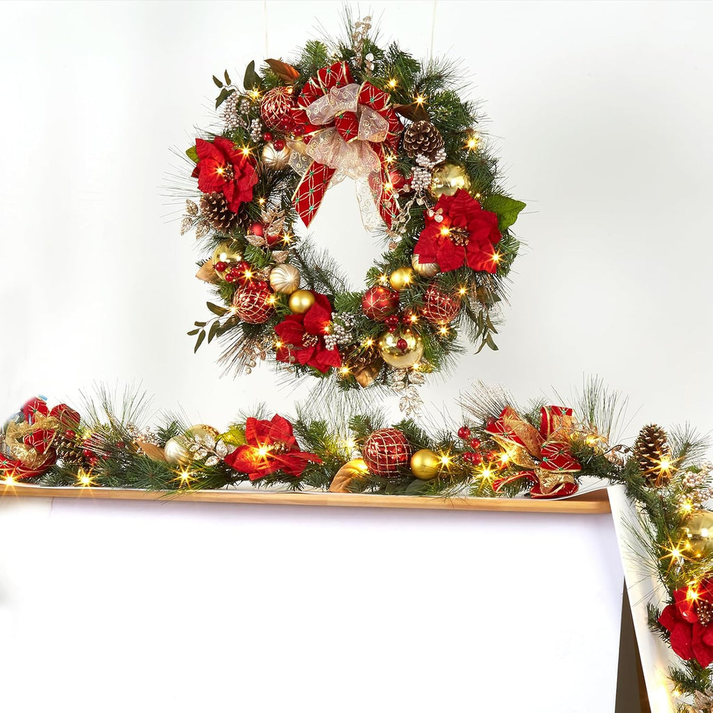 30 Inch Pre-Lit Christmas Wreath for Front Door, Battery Operated with 40 LED Lights, Red & Gold Ball Ornaments, Pine