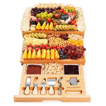 Extra Large Bamboo Charcuterie Board, 3-Layer Pull-Out Cheese Trays