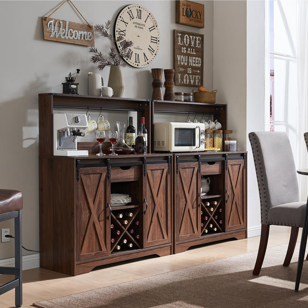 Farmhouse Coffee Bar Cabinet with Charging Station and USB, Brown