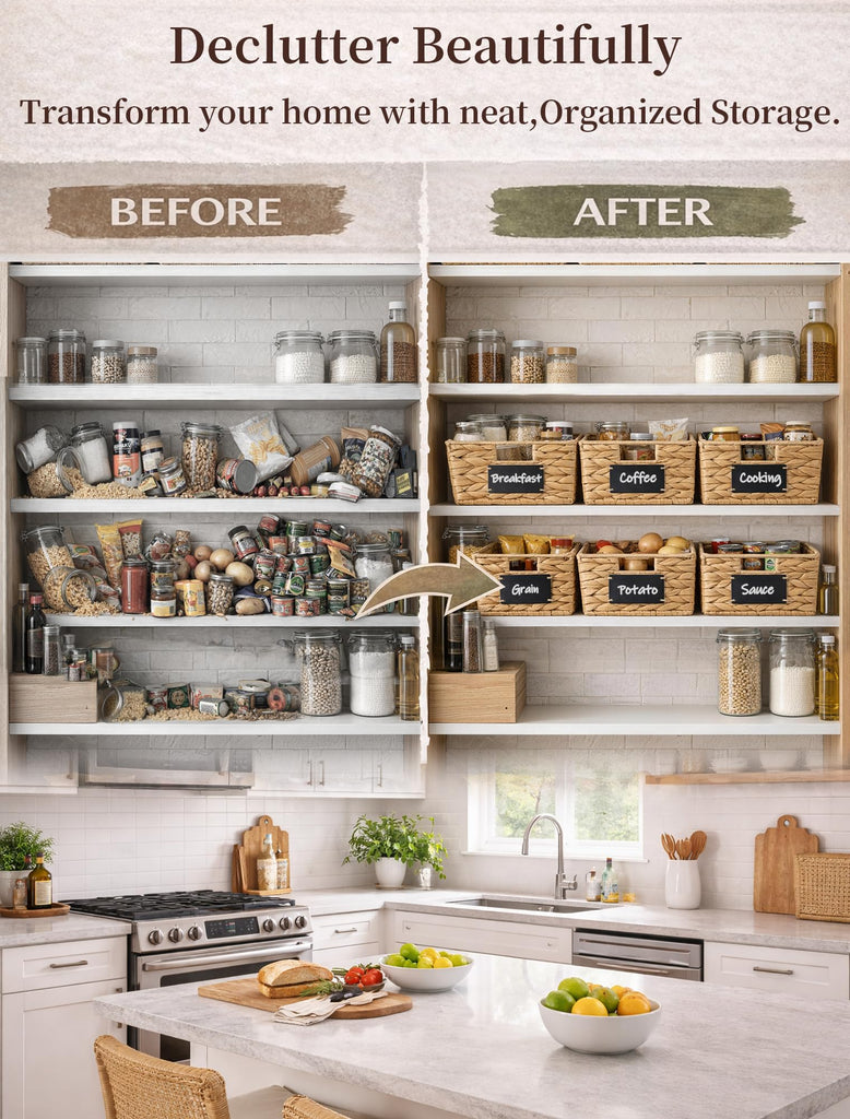Pantry Baskets, 3 Pack Wicker Storage Baskets for Shelves, Natural