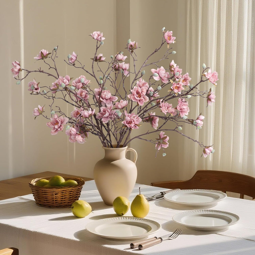 3PCS Artificial Magnolia Flowers Stems for Spring Decoration, Faux Pink Magnolia Branches with Buds, 34.5" Long Stems