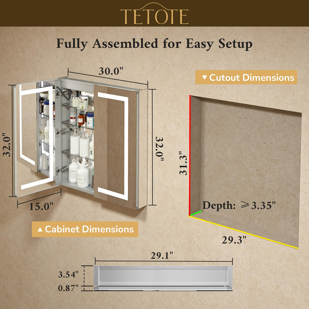 30 x 32 Lighted Medicine Cabinet Mirror with LED Lights, 2 Door Tempered Glass Recessed or Surface Mount Mirrored
