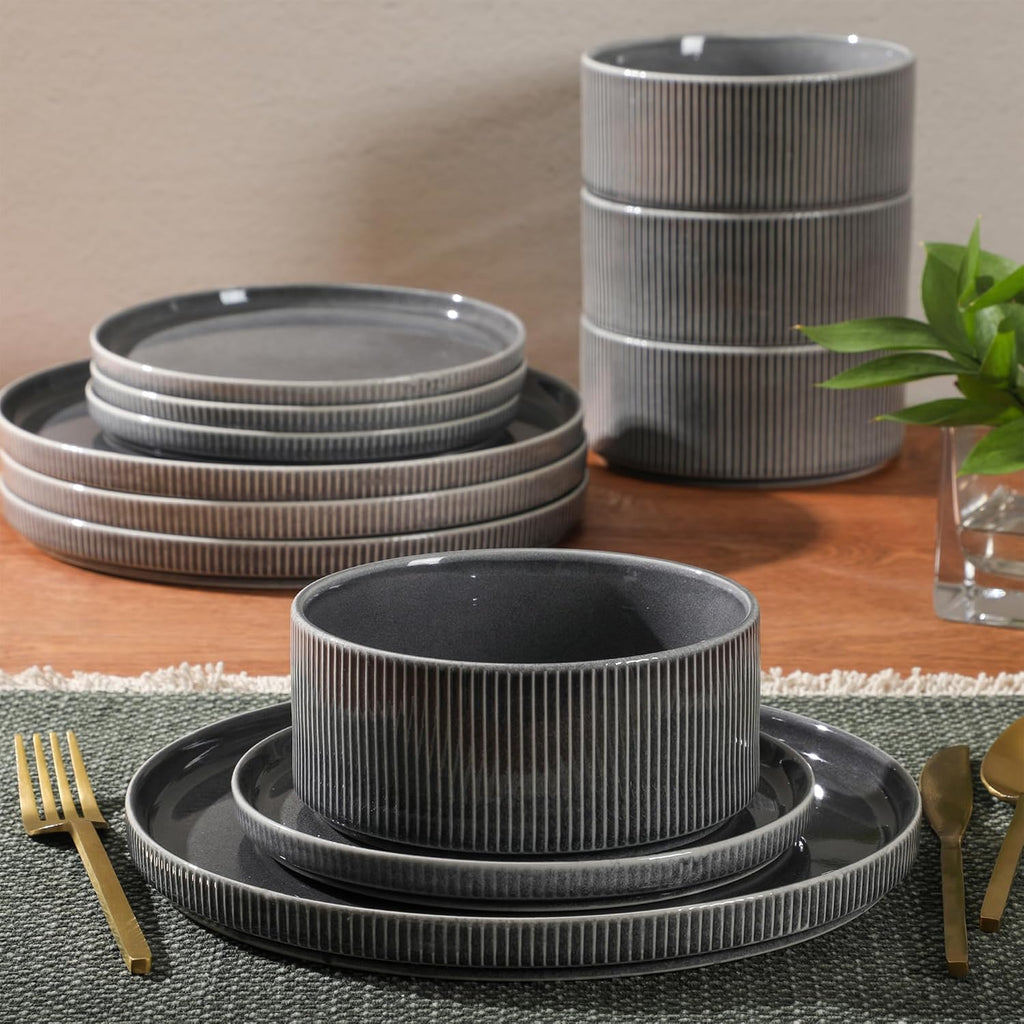 Solana Coast 12 Piece Stoneware Reactive Glaze (Service for 4) Ceramic Plates and Bowls Modern Shape Embossed