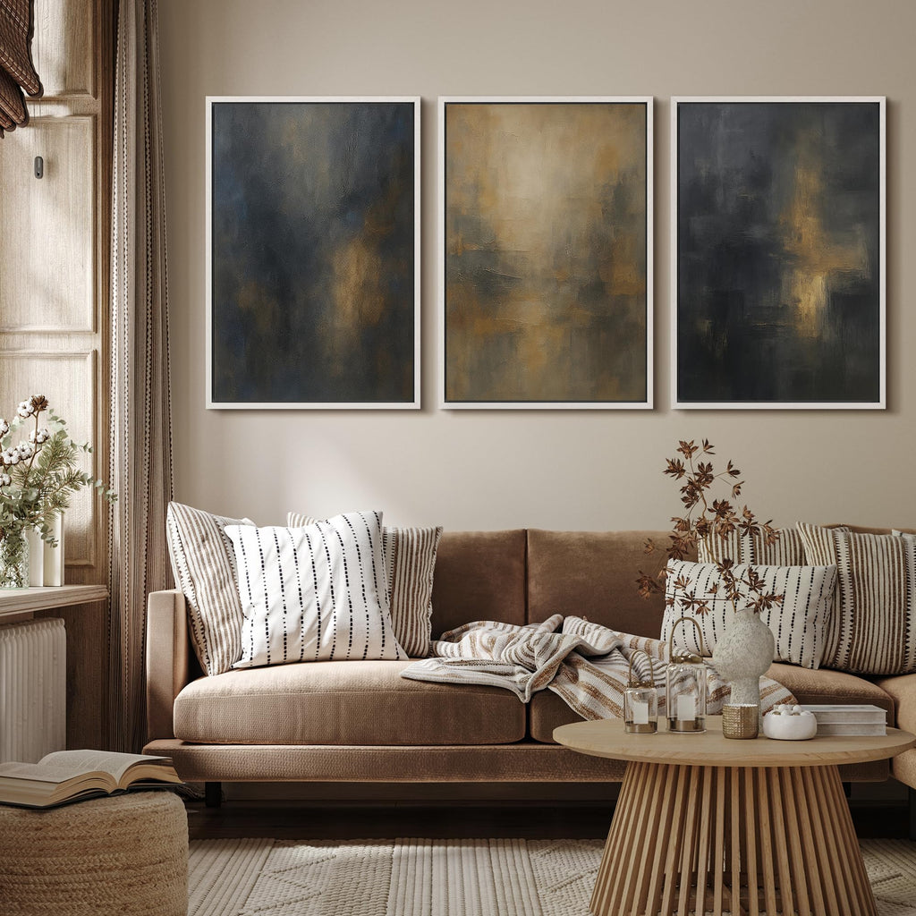 Framed Wall Art Print Set Dark Abstract Modern Contemporary in Navy Blue and Gold Brushstrokes Illustrations Modern