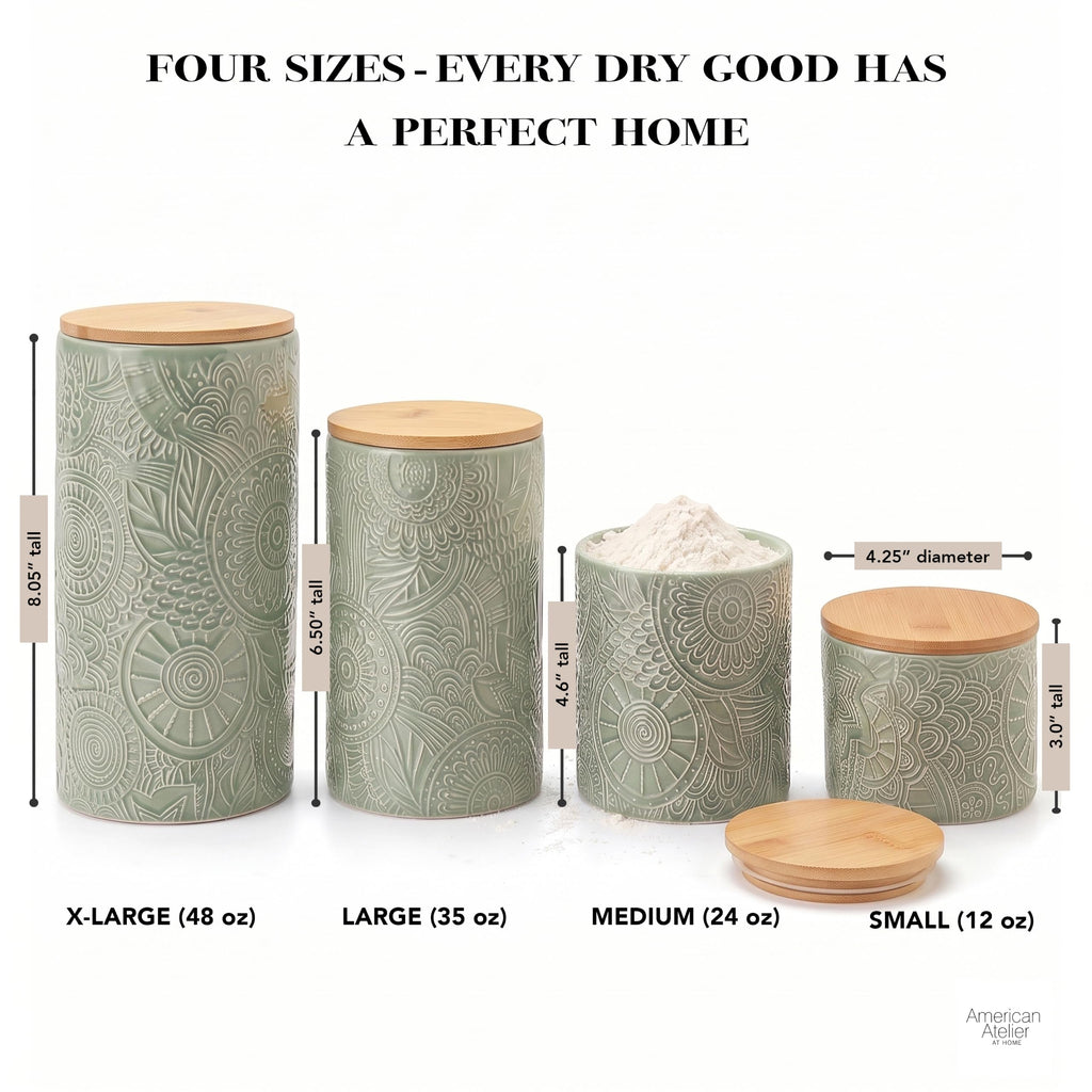 Ceramic Kitchen Canister Set Embossed, Wood Lids Sage, 4PC