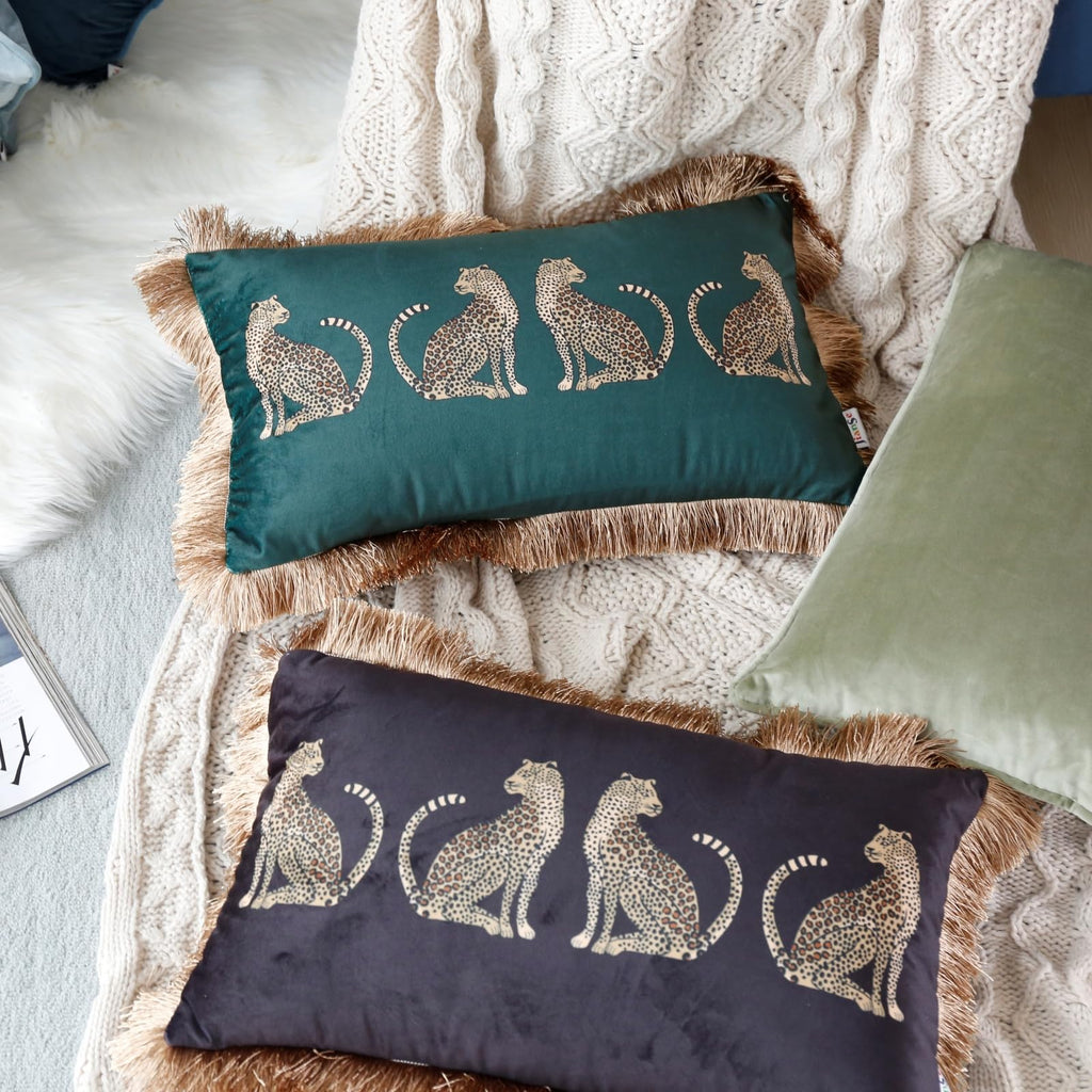 Lumbar Decorative Throw Pillow Cover with Tassels Leopard Pattern Cushion Cover Luxury Style Soft Velvet Pillowcase