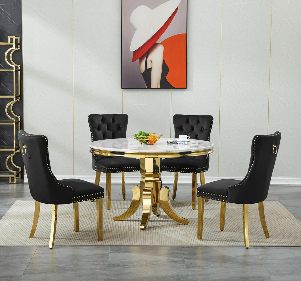 Round Marble Dining Table for 4 6, Modern 45" White Gold Kitchen Table with Faux Marble Top & Mirrored Tripod Pedestal