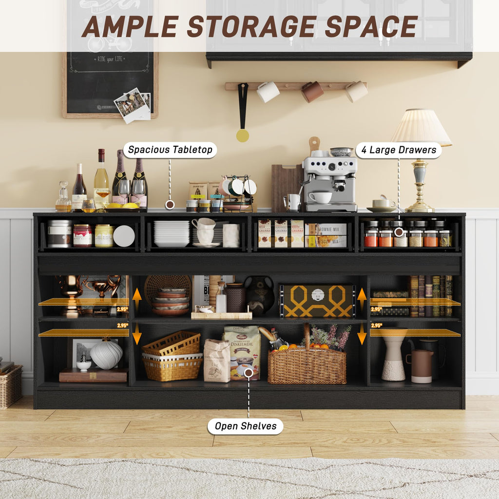 70" Large Buffet Sideboard Cabinet w/4 Drawer, Farmhouse Coffee Bar Cabinet Buffet with Storage, Sliding Door, Long
