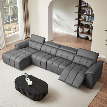145" L-Shaped Genuine Leather Wall-Hugger Reclining Sofa with Left Chaise, Adjustable Backrest & Footrest, Modern