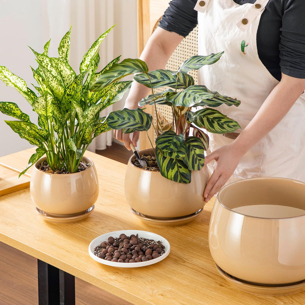 3-Pack Ceramic Plant Pots, 7.3/9.6/11.6 Inch Indoor Planters with Saucers & Drainage Hole Planter pots for Indoor