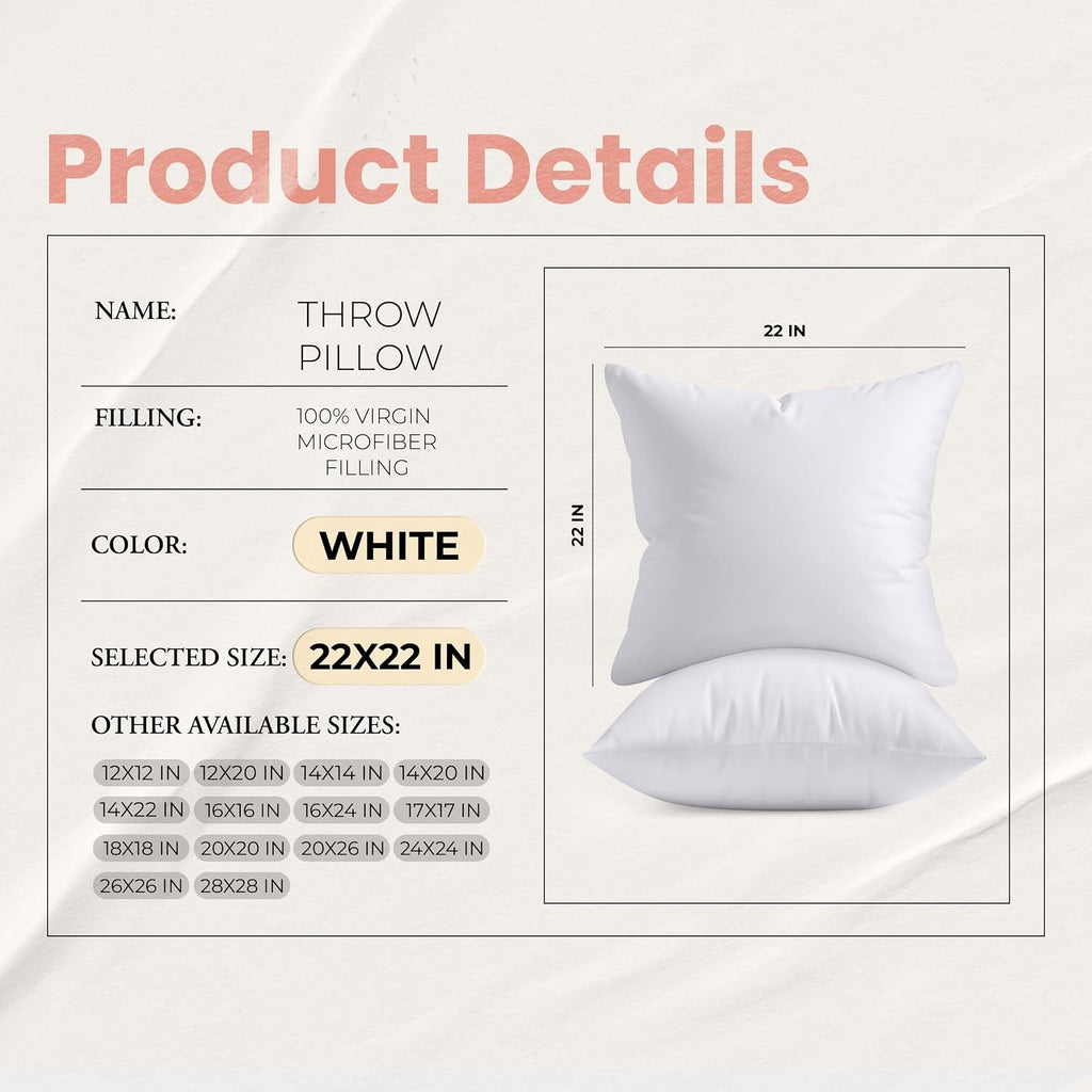 22x22 Pillow Inserts, White Throw Pillows for Couch, 2 Pack - Set of 2