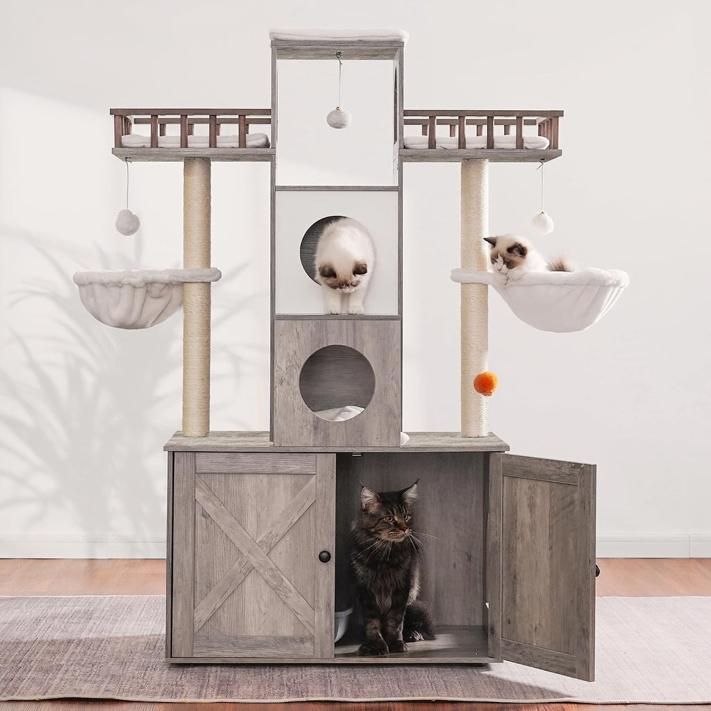 Cat Tree with Litter Box Enclosure for Indoor Big Cat