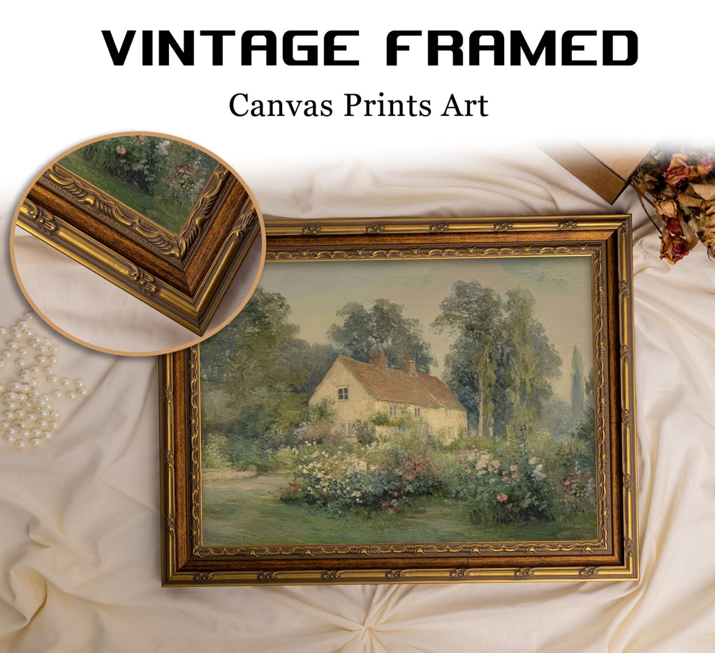 Vintage Carved Gold Frame Canvas Wall Art Classical Nature Landscape Painting Picture Wall Decor Rustic Cottage