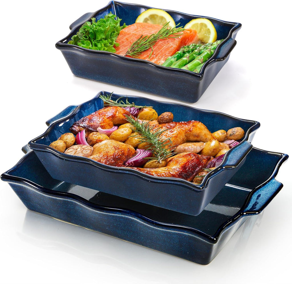 3 Pack Casserole Dishes for Oven, Ceramic Dishes with Handles, Heavy Duty Rectangular Lasagna Pan, Porcelain Bakeware