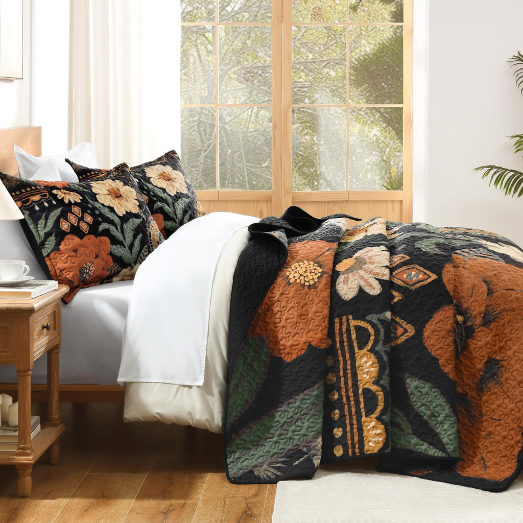 Quilt Queen Size, Black Floral Boho Summer Bedspread 3 Pieces