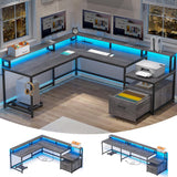 L Shaped Desk, 66" Home Office Desk with Wood File Drawer & Power Outlet, Gaming Desk with Led Lights