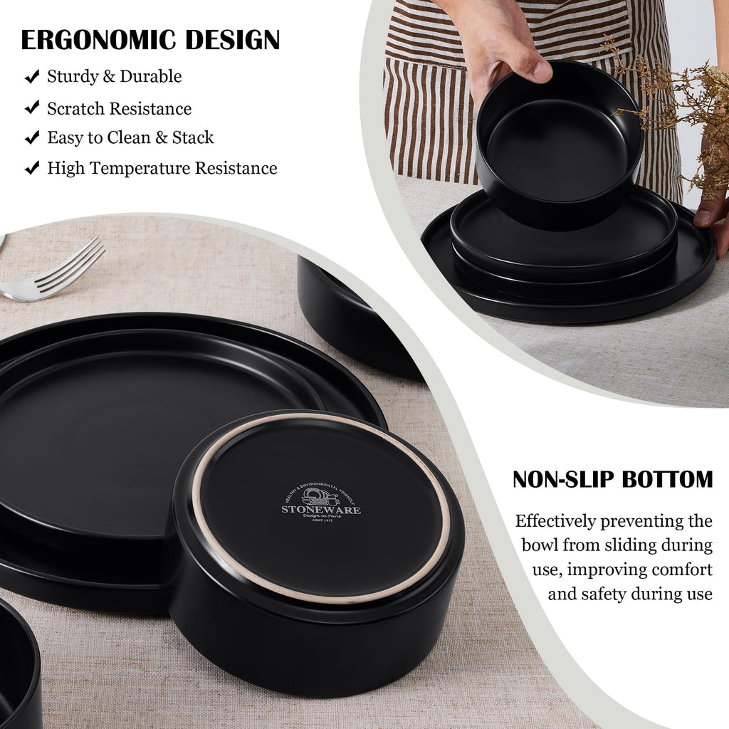 Black Dinnerware Sets for 8, 24-Piece Stoneware Plates and Bowls Sets