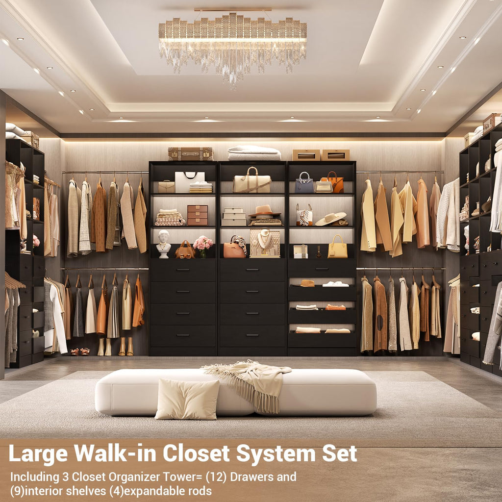 Closet System with 12 Drawers, 8.5-11.5Ft Wood Closet Organizer