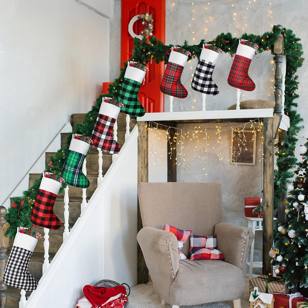 Christmas Stockings Buffalo Plaid for Fireplace,15 Inches - Set of 8