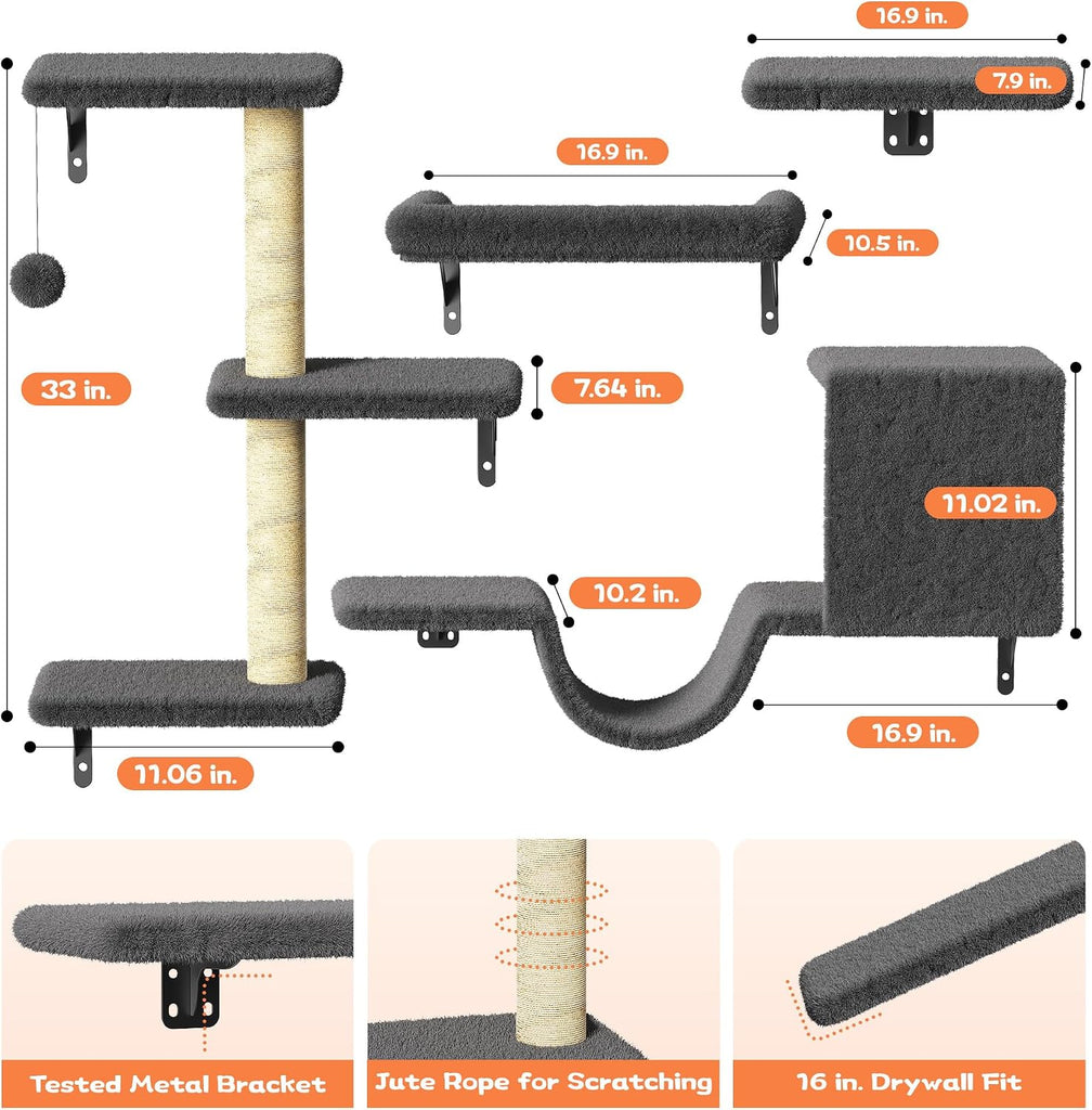 6-in-1 Wall Mounted Cat Climber Set for Heavy Cats, Wall Shelves, Stable & Safe Cat Furniture Set for Large Cats