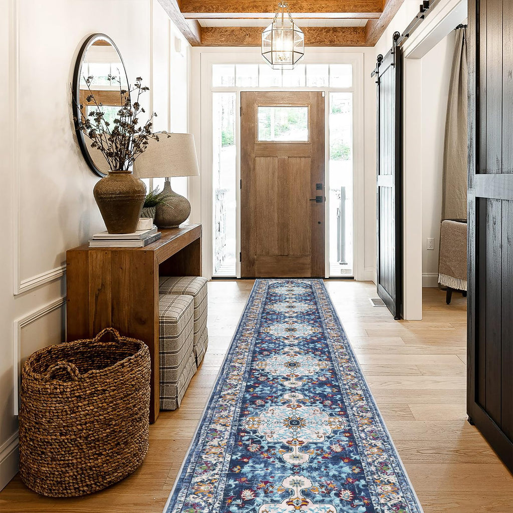 2'x14' Boho Hallway Runner Rug Non Slip Washable Runners, Blue