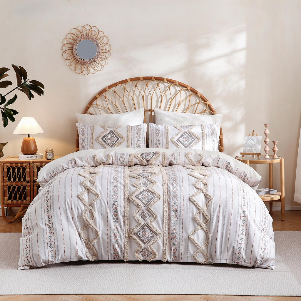 Beige 100% Cotton Boho Duvet Cover Set Queen Size, 3-Piece Tufted Textured Modern Boho Moroccan Bedding, Aztec