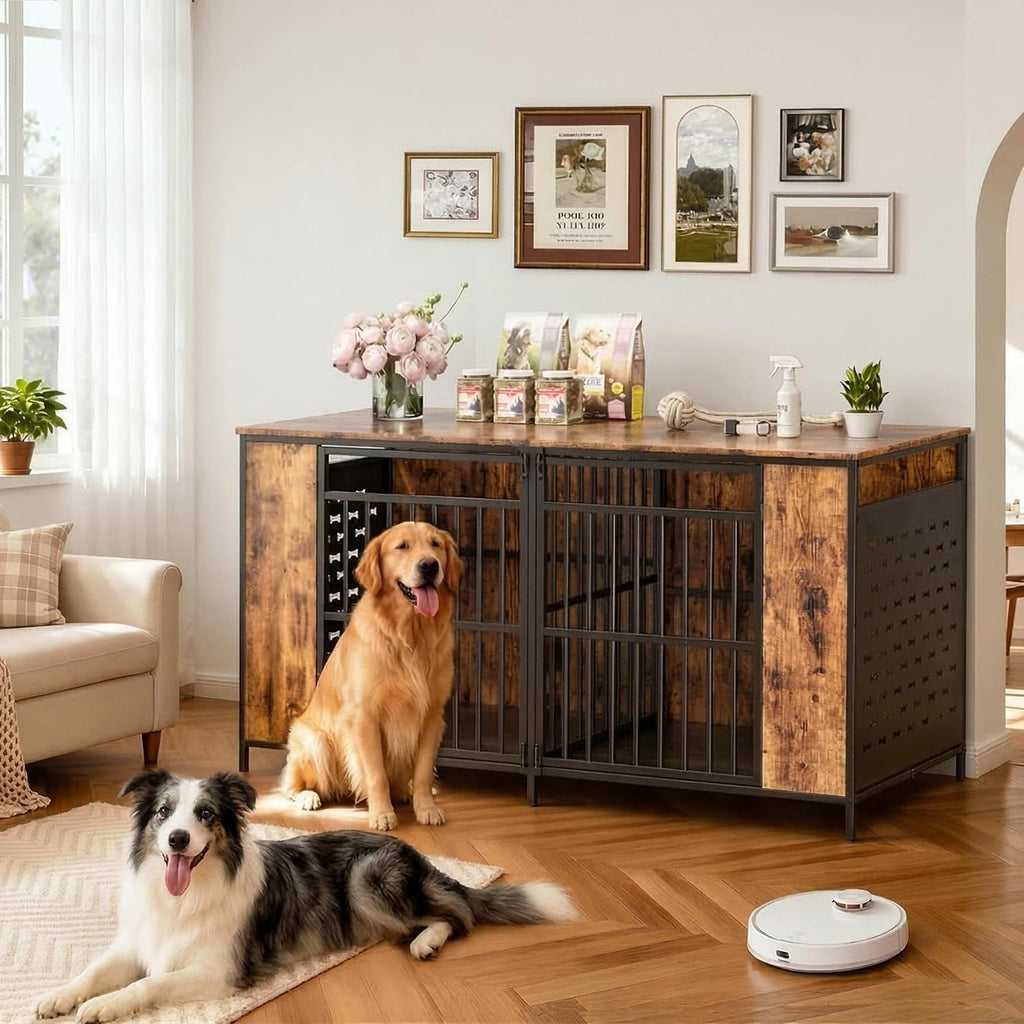 Dog Kennel Furniture for 2 Dogs - 63" Large Cage Extra Sturdy XXL Metal & Wooden Medium Double Dog Crate