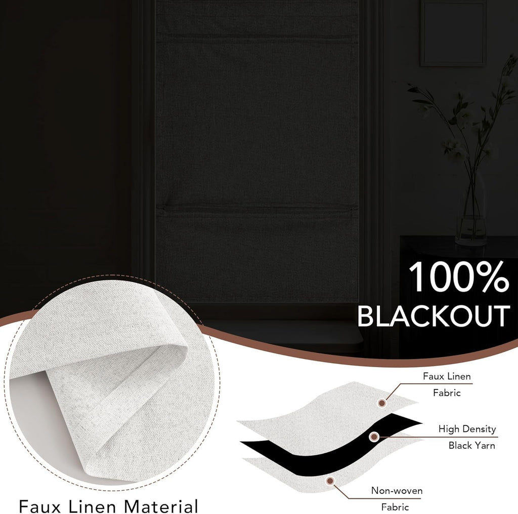 Linen 100% Blackout Roman Shade for Doors, No Drill Cordless Thermal Insulated French Door Curtain, Adhesive Top &