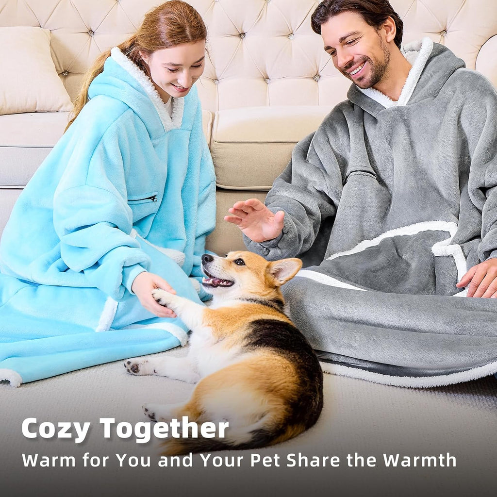 Oversized Sherpa Wearable Blanket Hoodie for Adult with Eye Mask,Grey | Soft Flannel Sweatshirt Hooded Blankets