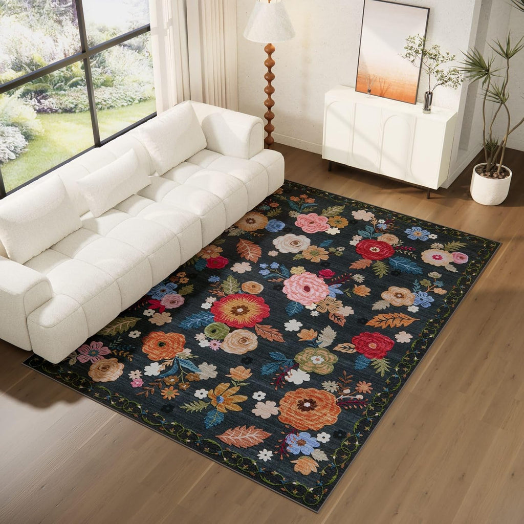 8x10 Area Rugs for Living Room: Washable Rug Non Slip Low Pile Soft Faux Wool Non Shedding Vintage Floral Large