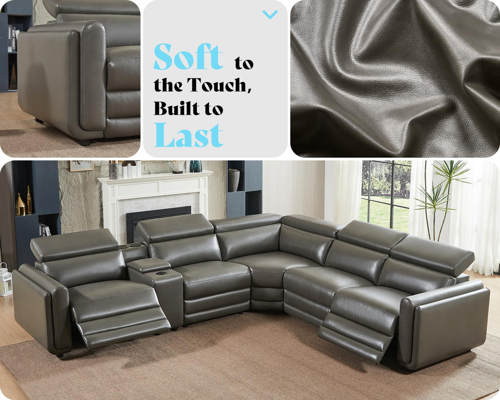 Oversized Power Recliner Sectional Sofa, Leather Recliner Sofa, Dark Grey