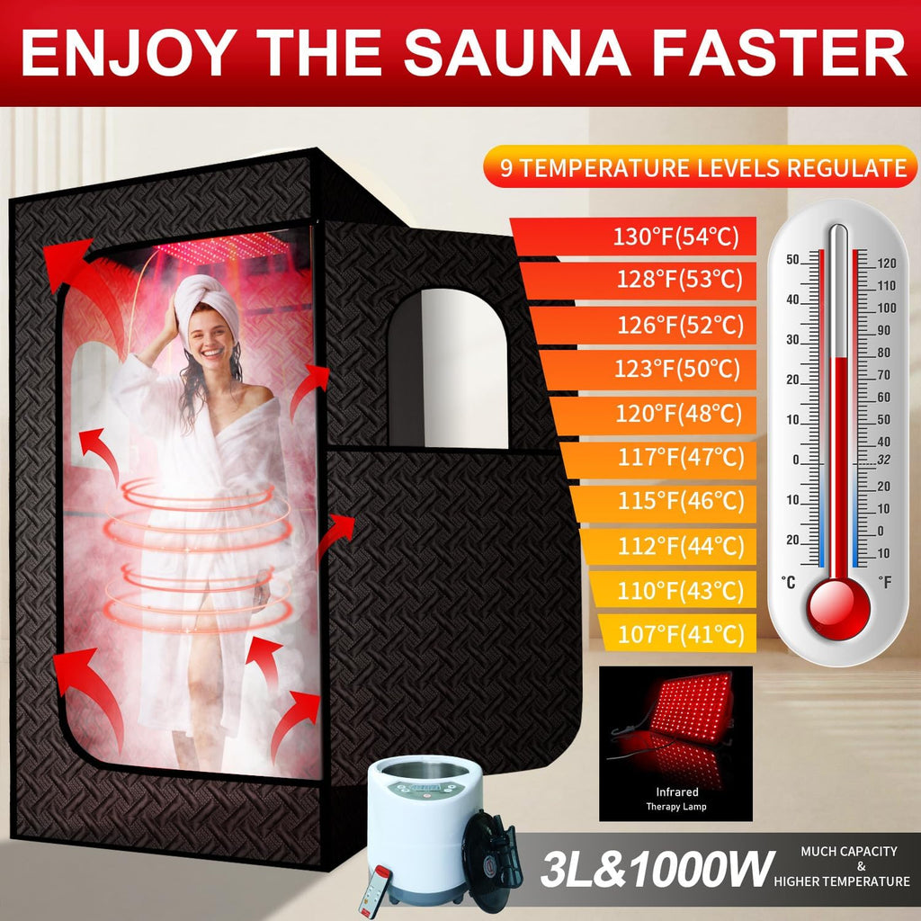 Portable Infrared Sauna Box with Red Light Therapy, 3L Steamer, Upgraded Foldable Chair & Mat