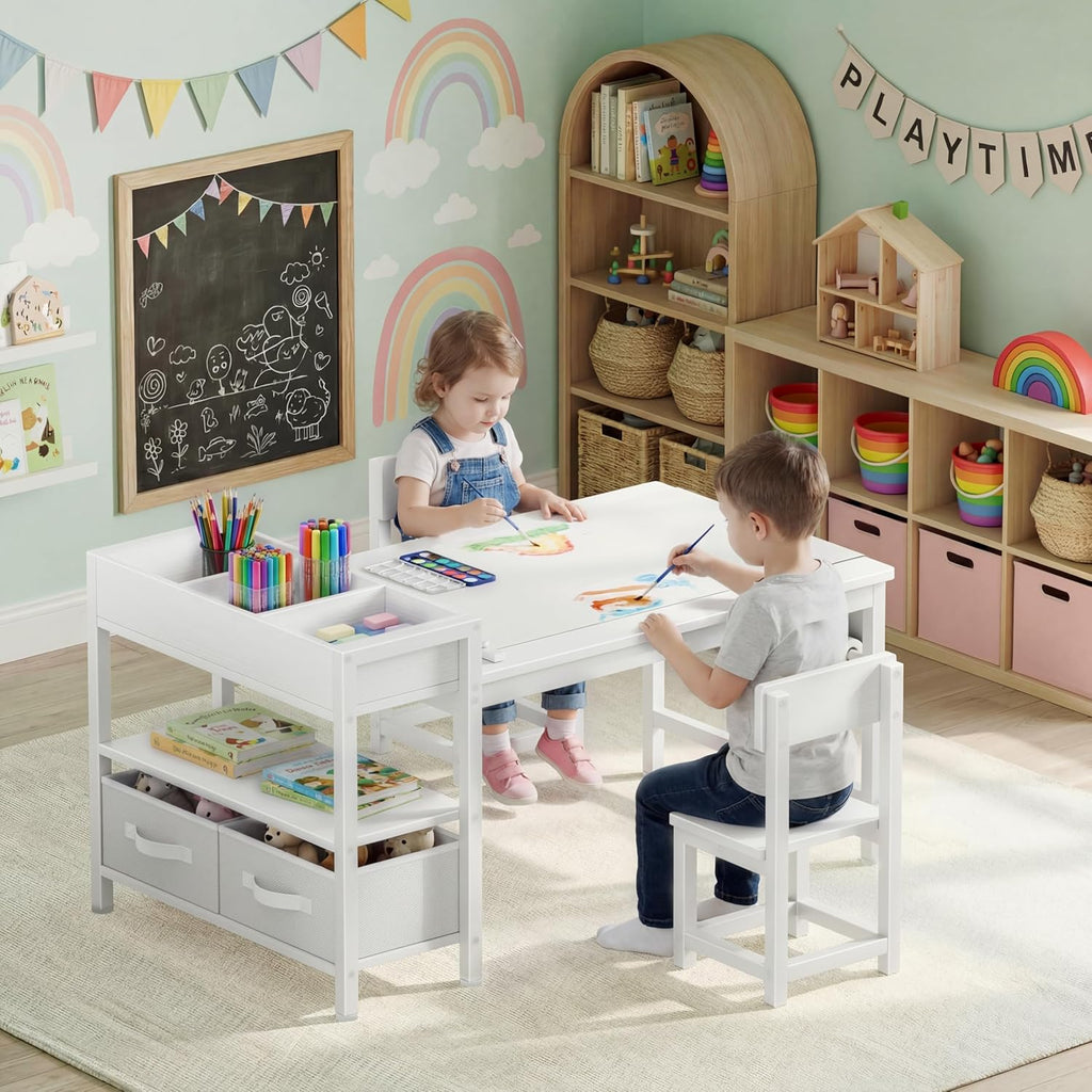 Kids Art Table and Chair Set, Toddler Craft Table with Storage Drawers, Play Desk for Kids, Children Activity