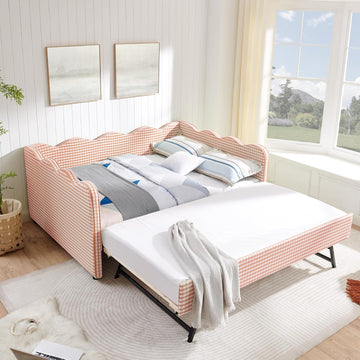Full Size Upholstery Gingham Daybed with Trundle and USB, Pink | Full to King Design Adorable Wave Shaped Extendable