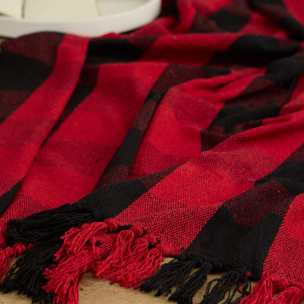 Buffalo Check Collection Rustic Farmhouse Throw Blanket with Tassles, 50x60, Tango Red/Black