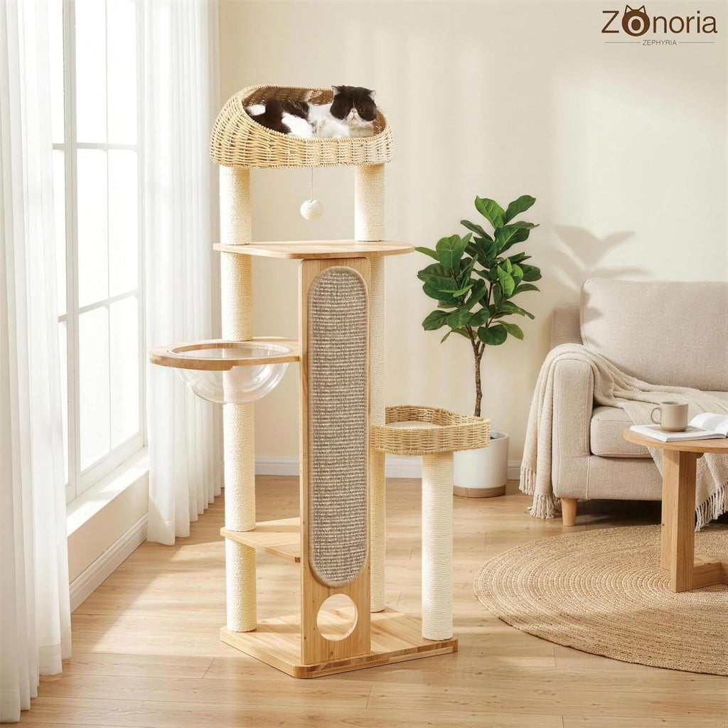 59-inch Cat Tree, Cat Tower with Scratching Post, Extra Long Sisal Blanket, Handwoven Basket & Space Capsule Nest