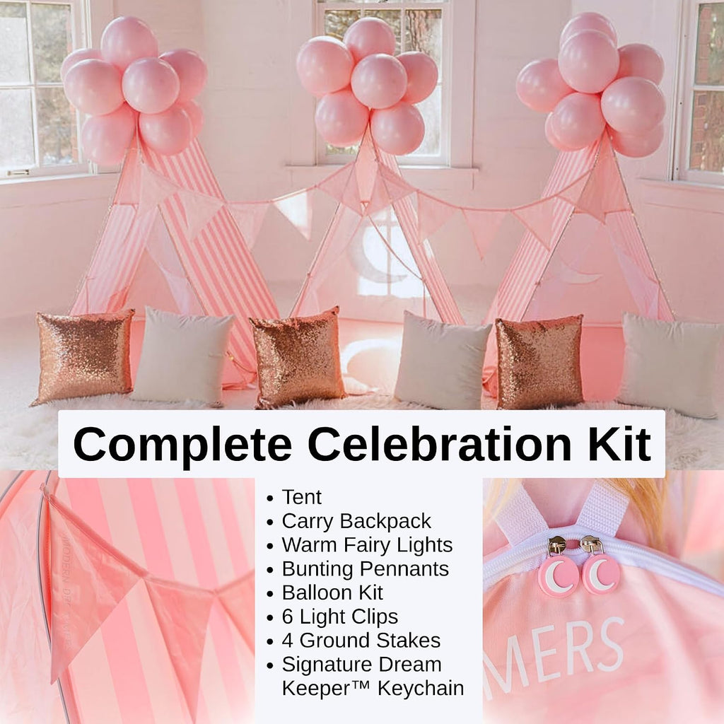 Patented Sleepover Tent Kit for Girls - Pop-Up Teepee with Fairy Lights, Bunting, Balloons & Dream Keeper | Birthday
