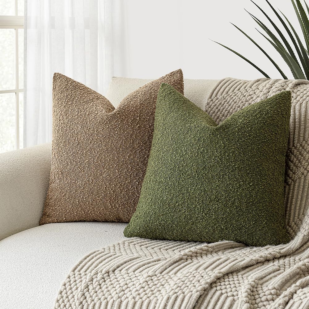 Decorative Textured Boucle Throw Pillow Covers 16x16 Inch, Green