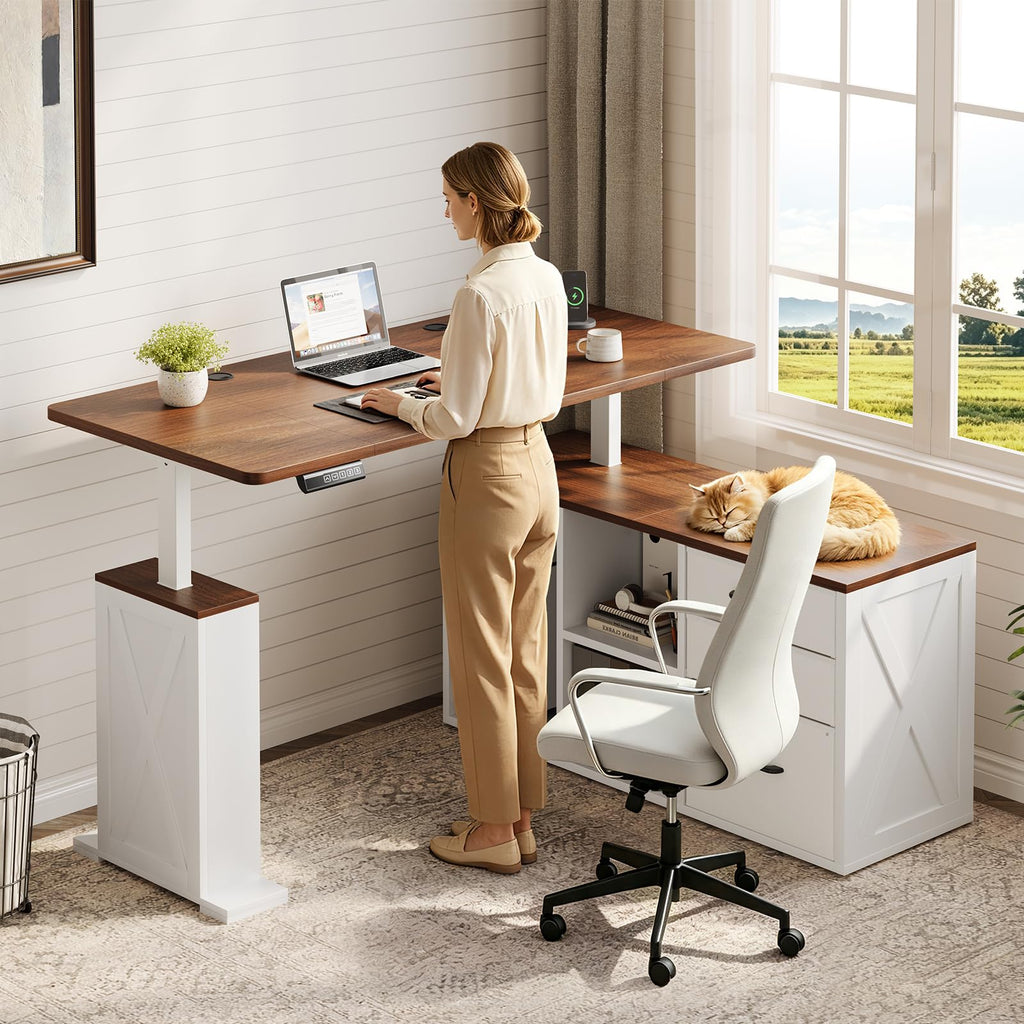 L Shaped Standing Desk - 55'' Farmhouse Computer Desk with Storage