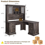 60" L Shaped Executive Desk with Hutch and Drawers, Farmhouse Home Office Desk with Charging Station