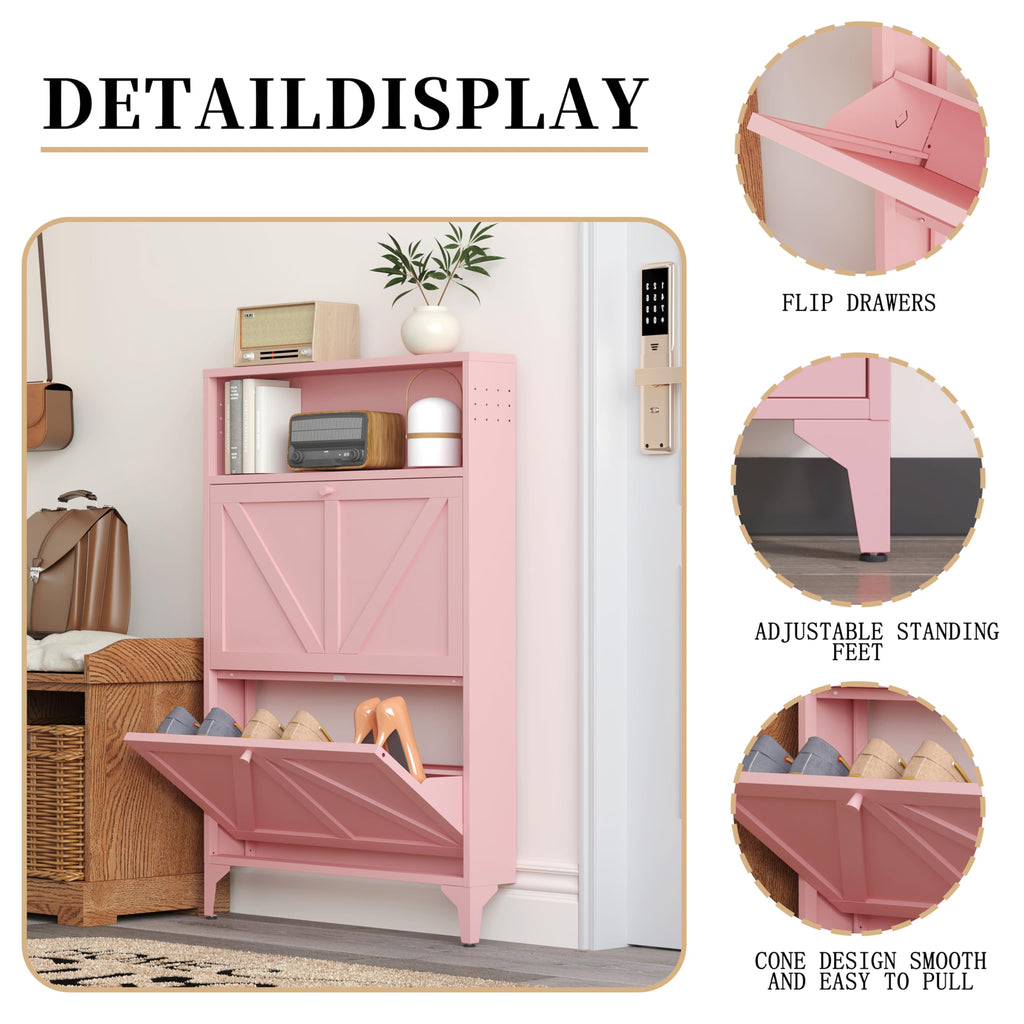 Shoe Storage Cabinet with 2 Flip Drawers, Freestanding Shoe Organizer with Legs, Farmhouse Narrow Shoe Storage Cabinet