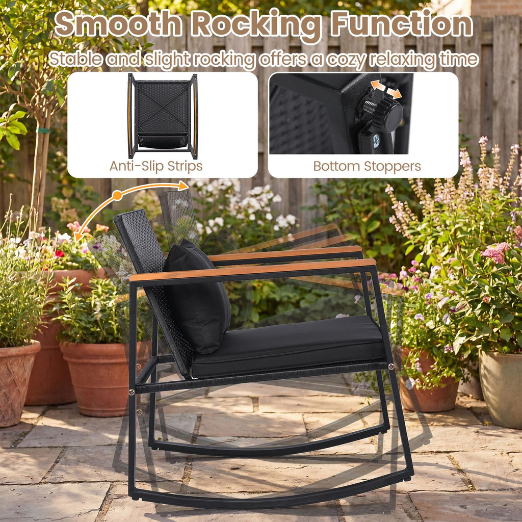 3-Piece Outdoor Rocking Chair Set, Black Cushion & Natural Armrest