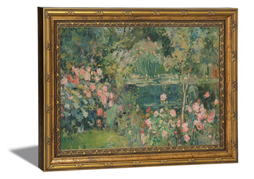 Gold Framed Canvas Wall Art Vintage Impressionist Rose Garden Pond Picture Wall Decor Rustic Farmhouse Floral Print