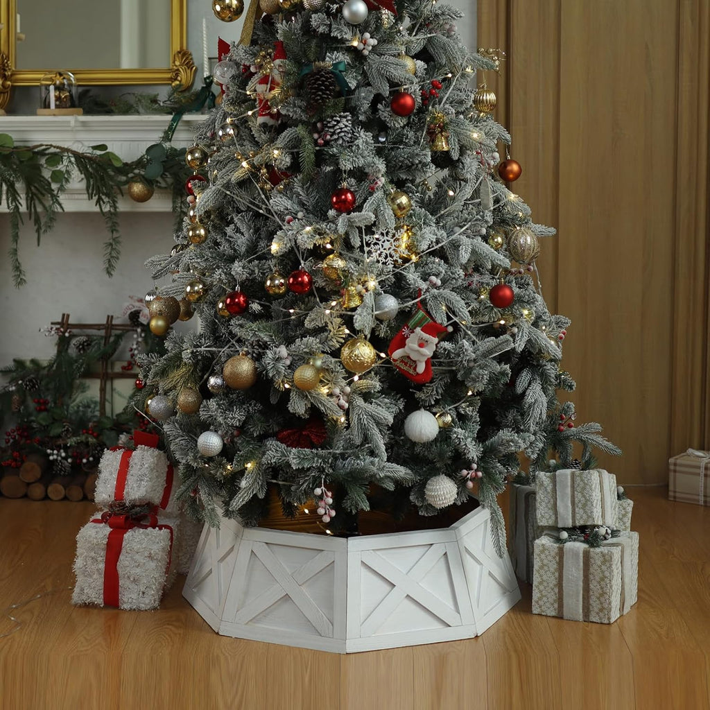 Wooden Christmas Tree Collar, 8 Panels 29'' Octagon White Christmas Tree Base Cover Decor for Artificial Tree, Rustic
