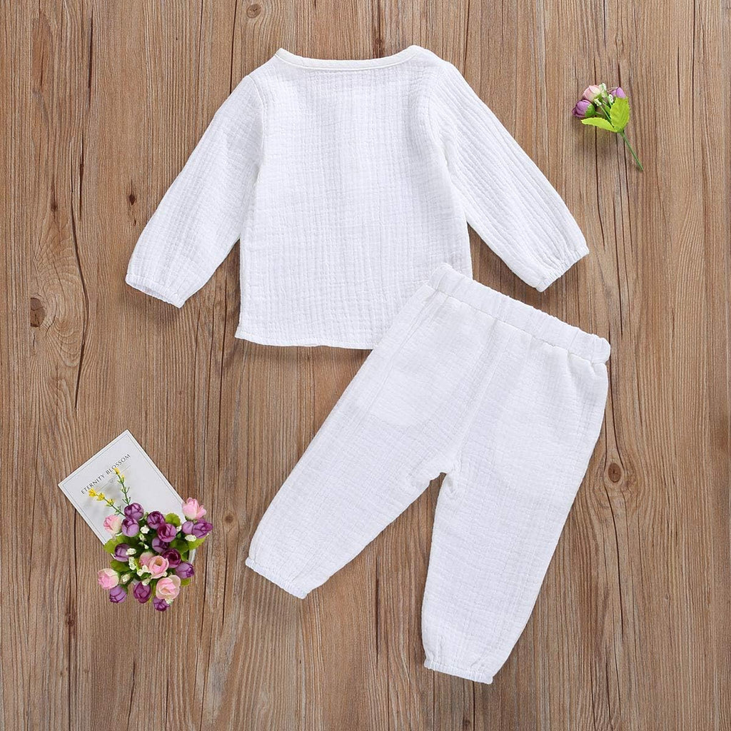 Toddler Baby Boy Girl Clothes Cotton Linen Long Sleeve Button Pullover Tops Drawstring Pants Set Casual Outfit