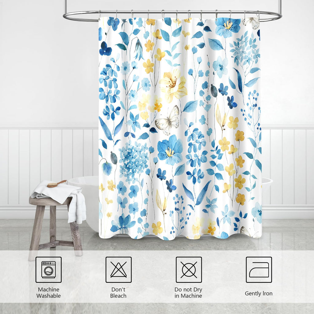 Small Stall Shower Curtain 36x72 Inch, Half Narrow Blue Yellow Floral Decor