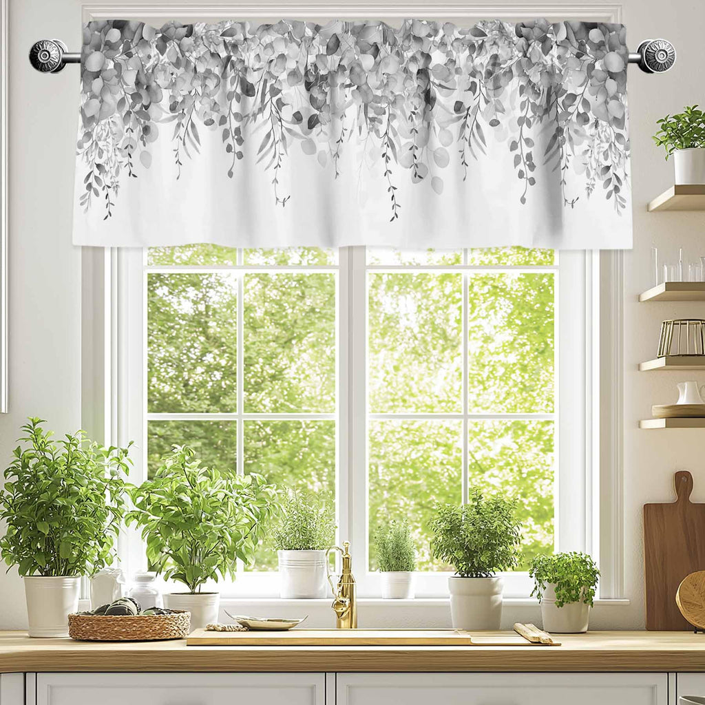 Curtain Valance for Windows Gray Eucalyptus Rod Pocket Valance Window Treatments 1 Panel Watercolor Leaves Short