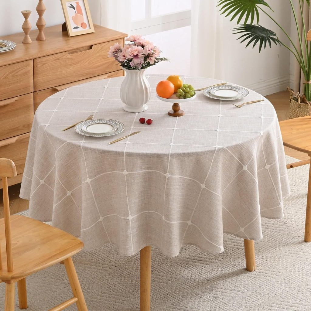 Lattice Embroidery Plaid Round Tablecloth, Heavy Duty Cotton Linen Fabric Wrinkle Resistant Round Ta