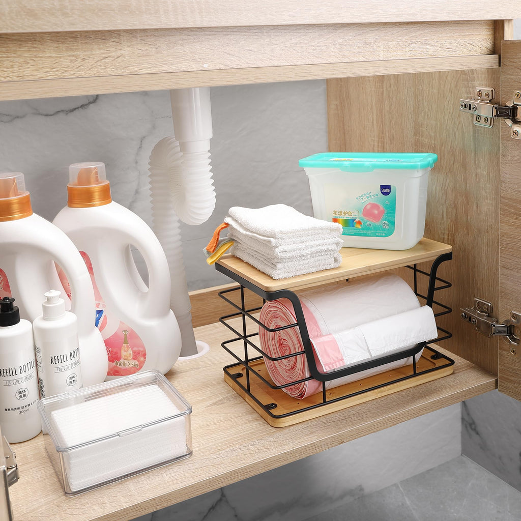 Large Wire Basket Pantry, Stainless Steel Kitchen Counter Organizer for Potato Onion, Trash Bag Dispenser Under Sink